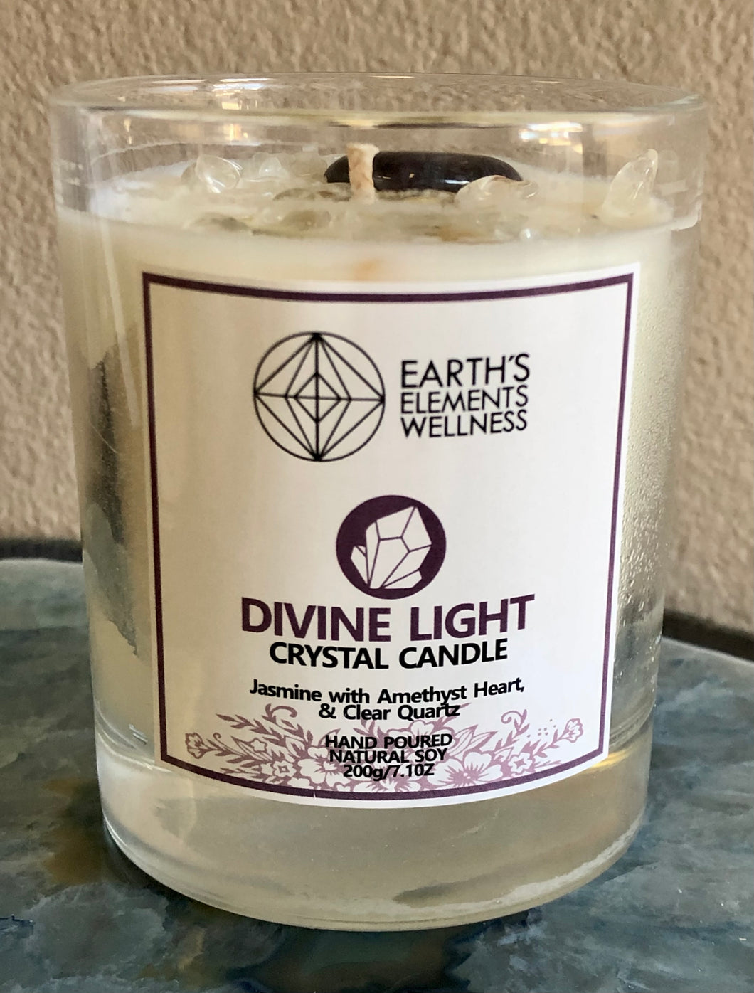 Crystal Candle (Divine Light) Jasmine with Amethyst Heart and Clear Quartz