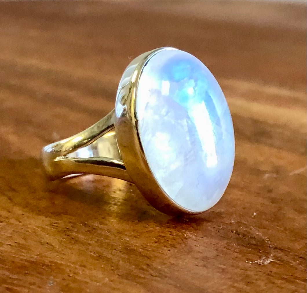 Oval Rainbow Moonstone Ring With 925 Sterling Silver
