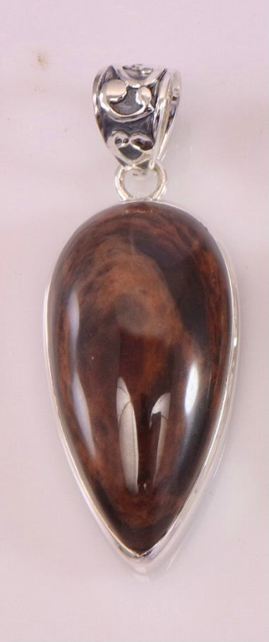 Brown Obsidian Teardrop Pendant With 925 Sterling Silver (C)
