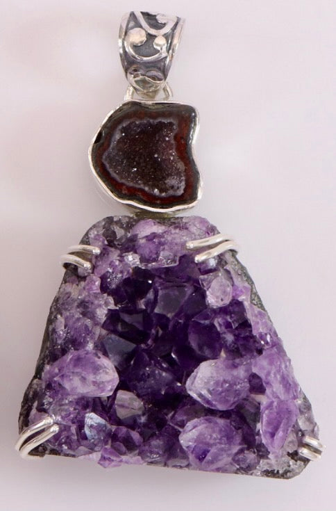Amethyst Druzy Geode Pendant With 925 Sterling Silver Keychain (B)