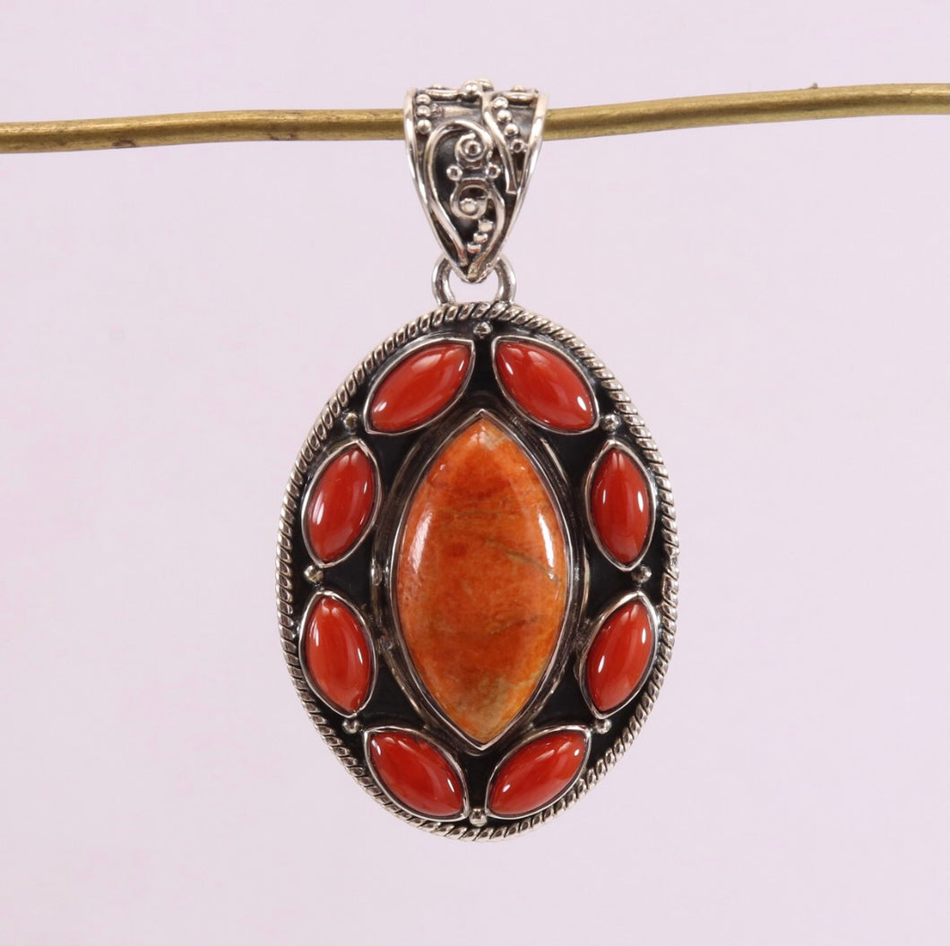 Red and Orange Sponge Coral Pendant 925 Sterling Silver