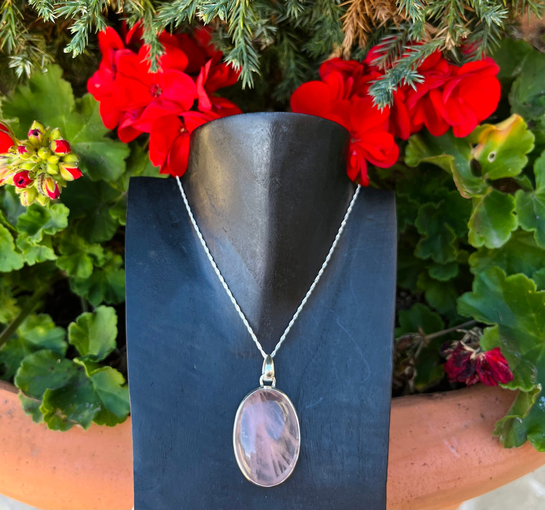 Rose Quartz Oval Pendant in 925 Sterling Silver