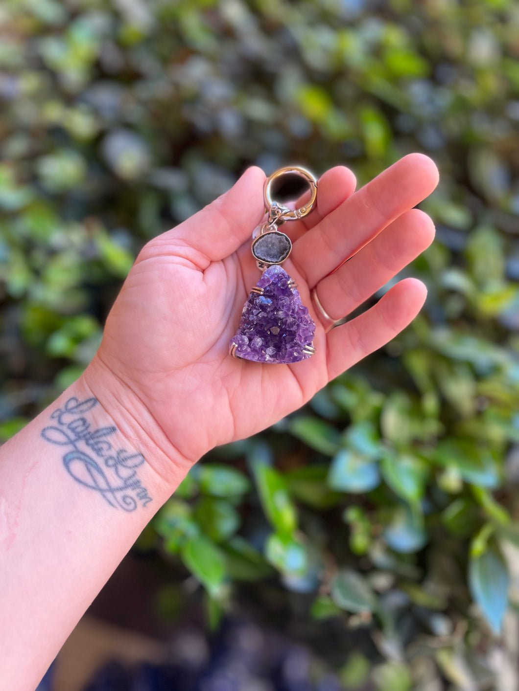 Amethyst Druzy Geode With 925 Sterling Silver Keychain (A)